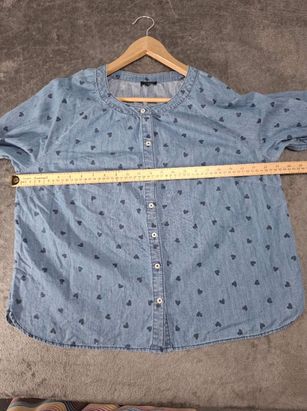 Talbots Petite XL Blue Chambray Heart Print Button Front Smocked Cuff Blouse - Picture 7 of 12
